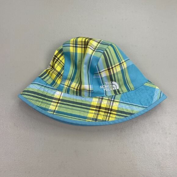 The North Face Reversible Bucket Hat Girls One Size Blue Yellow Plaid UPF30 Sun - Picture 2 of 7